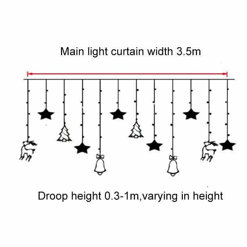 LED curtain light diagram showing 3.5 m width and 0.3 to 1 m drop heights