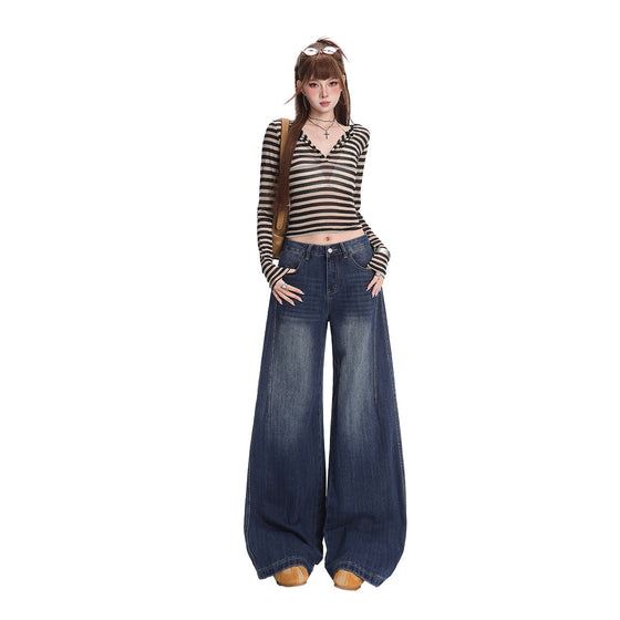 Women's Retro Blue Bamboo Pattern Straight-Leg Floor-Length Jeans