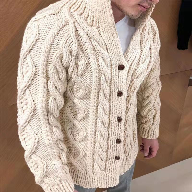 Men's Stand Collar Cable Knit Cardigan Long Sleeve Heavy-Duty Sweater
