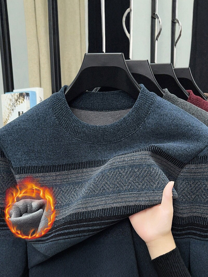Men's Fleece Lined Striped Knit Sweater Crew Neck Long Sleeve Warm Pullover