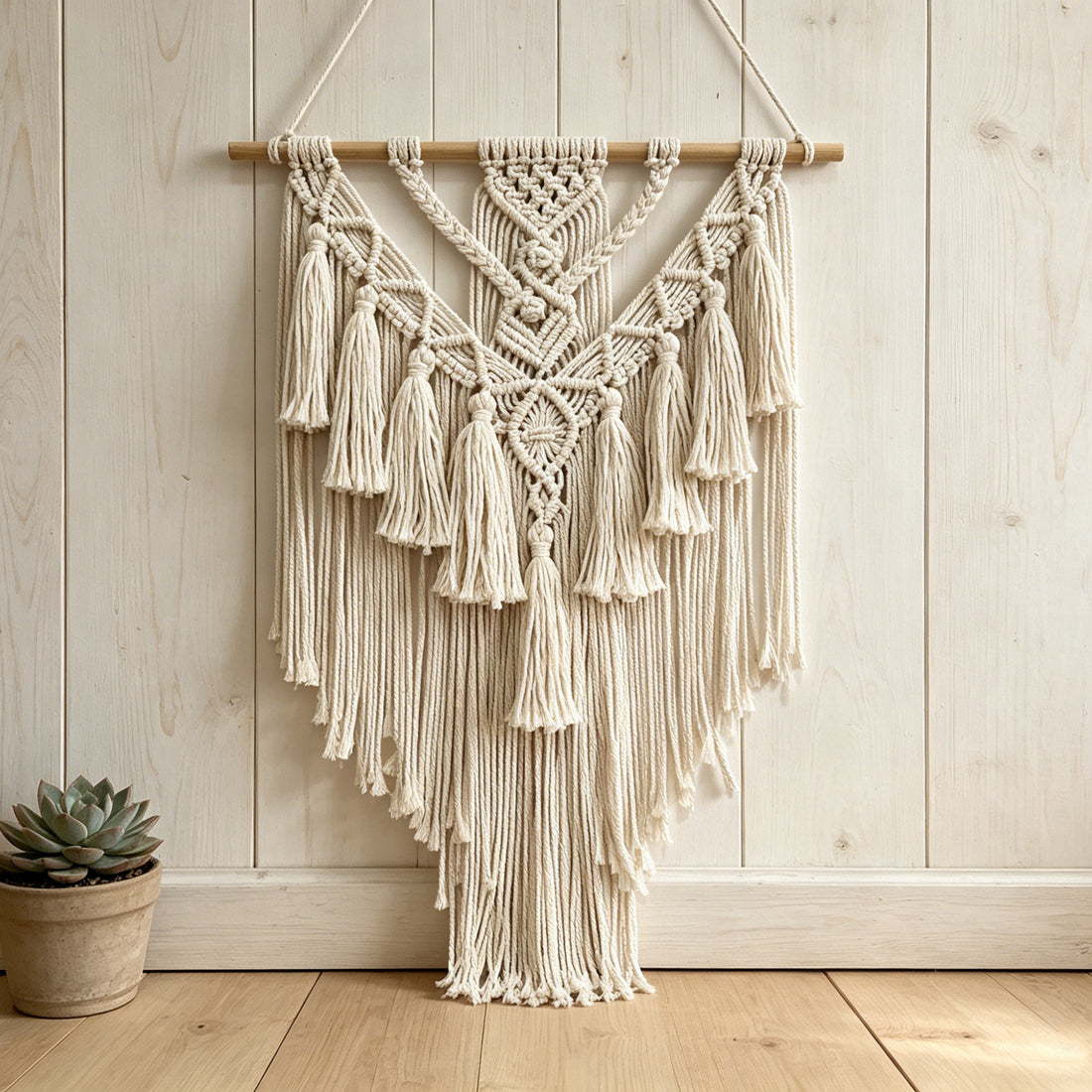 Bohemian-style hand-woven cotton rope fringed tapestry