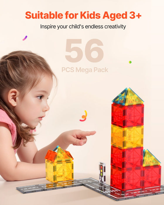 Girl building with the 56-piece magnetic tiles set, suitable for ages 3+