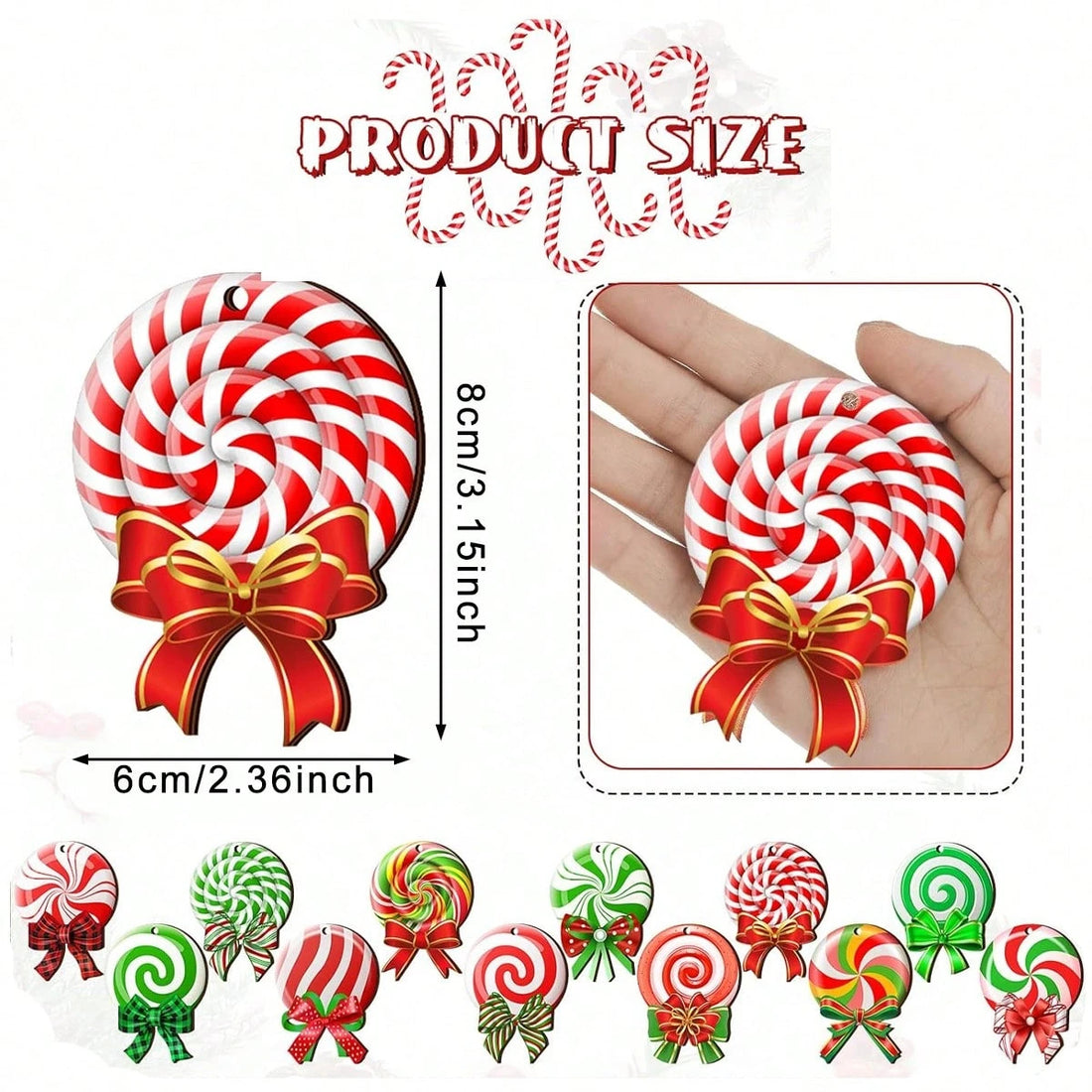 Peppermint candy ornament size chart, 8 cm by 6 cm