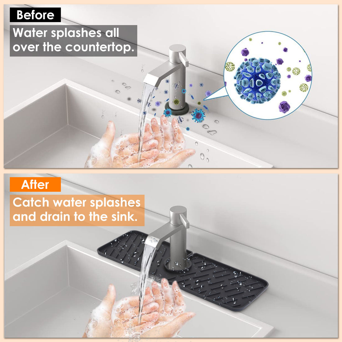 Before and after showing splashes caught by the faucet mat