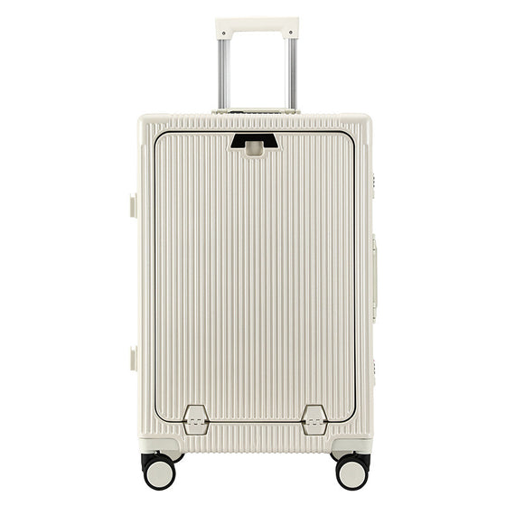 White hard-shell suitcase with a telescoping handle and wheels