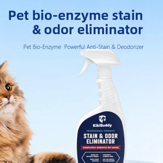 Spray bottle of pet bio-enzyme stain and odor eliminator beside a cat
