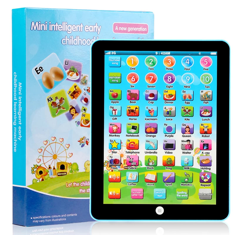 Mini kids learning tablet in front of its blue retail box