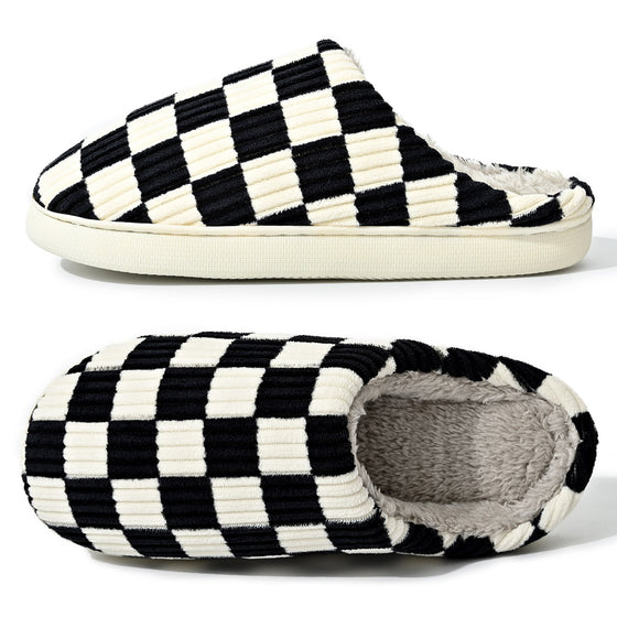 Checkerboard slippers with a gray plush lining