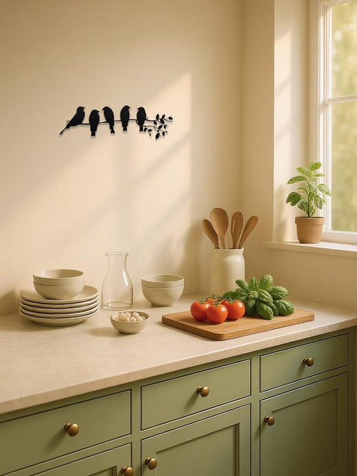 Metal bird and leaf sculpture wall art full view