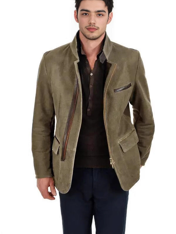 Men's Vintage Stand Collar Zipper Jacket Casual Long Sleeve Outerwear