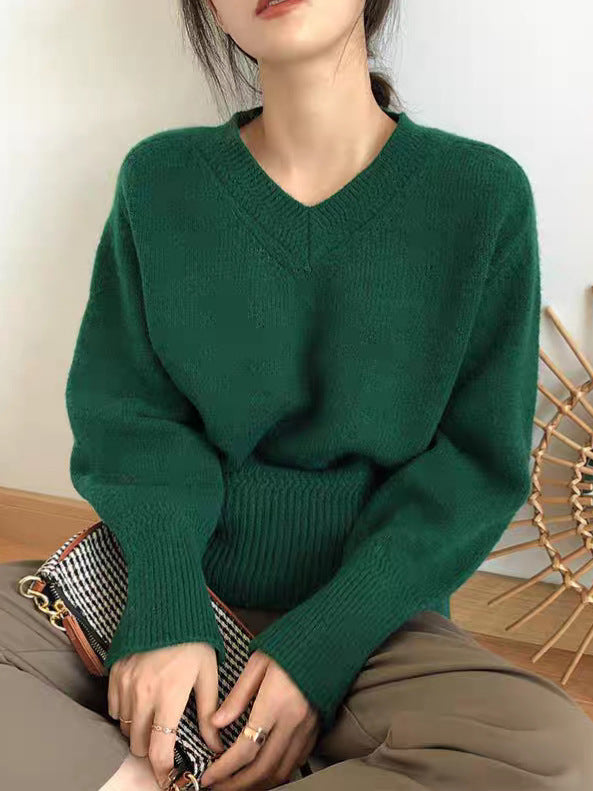 Women V-Neck Solid Color Long Sleeve Sweater Loose Fit Pullover