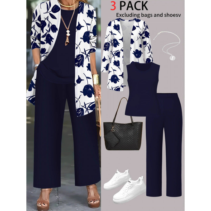 Casual 3D Printed 3-Piece Set Top Vest Pants