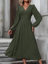 medium fur ball diagonal collar lantern sleeve pleated waist dress