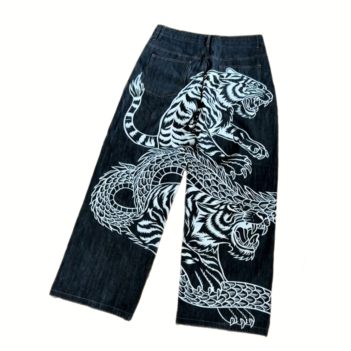 Y2K Dragon Tiger Print Drawstring Denim Pants