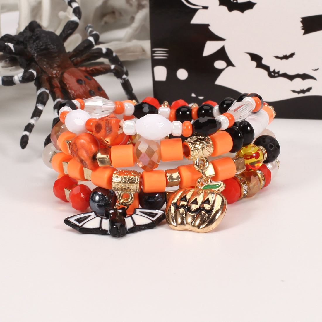Halloween Bracelet with Ghost Pumpkin Skull Pendant Beaded Party Jewelry
