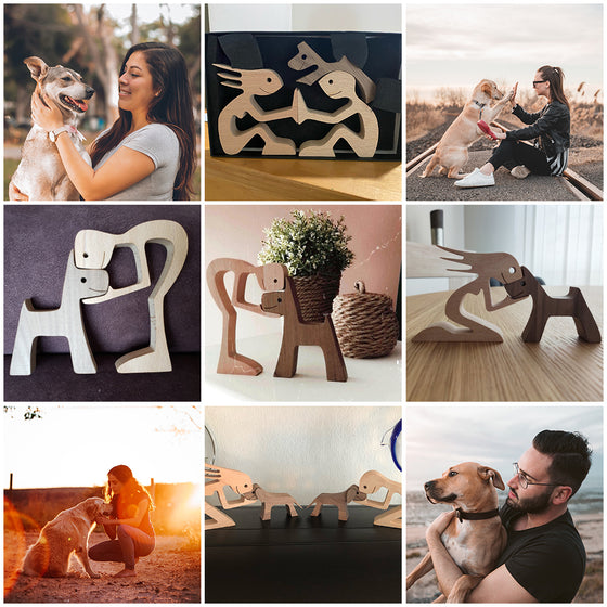 Collage of man and dog wood carving figurines displayed on desks and shelves