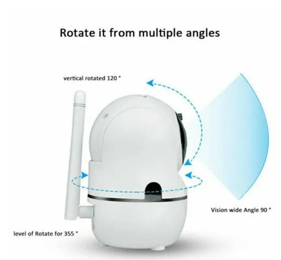 Indoor camera rotation angles, 355° pan and 90° tilt diagram