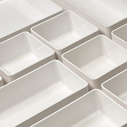 White stackable open plastic desktop storage boxes, photo 1