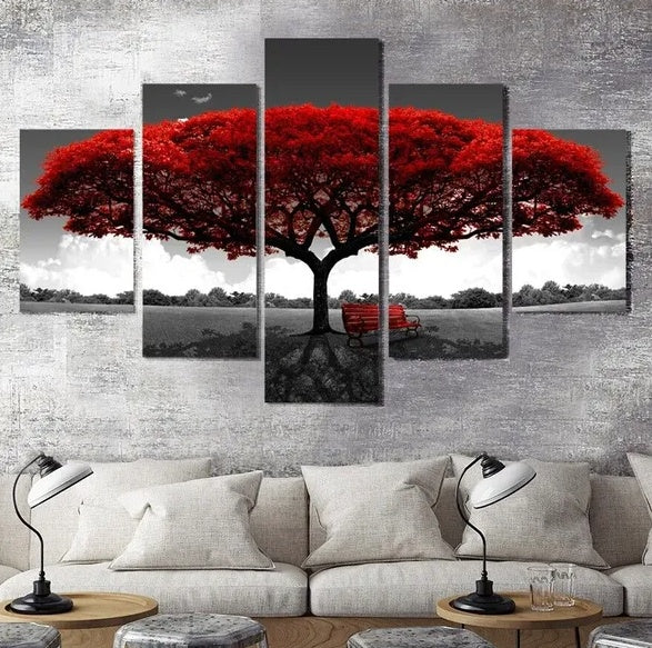 5-piece landscape canvas wall art set mounted above sofa