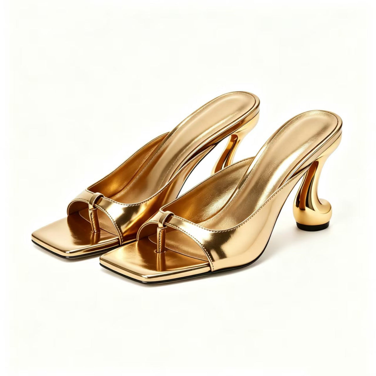 Metallic Square-Toe Open-Toe Slippers with Chunky Heel