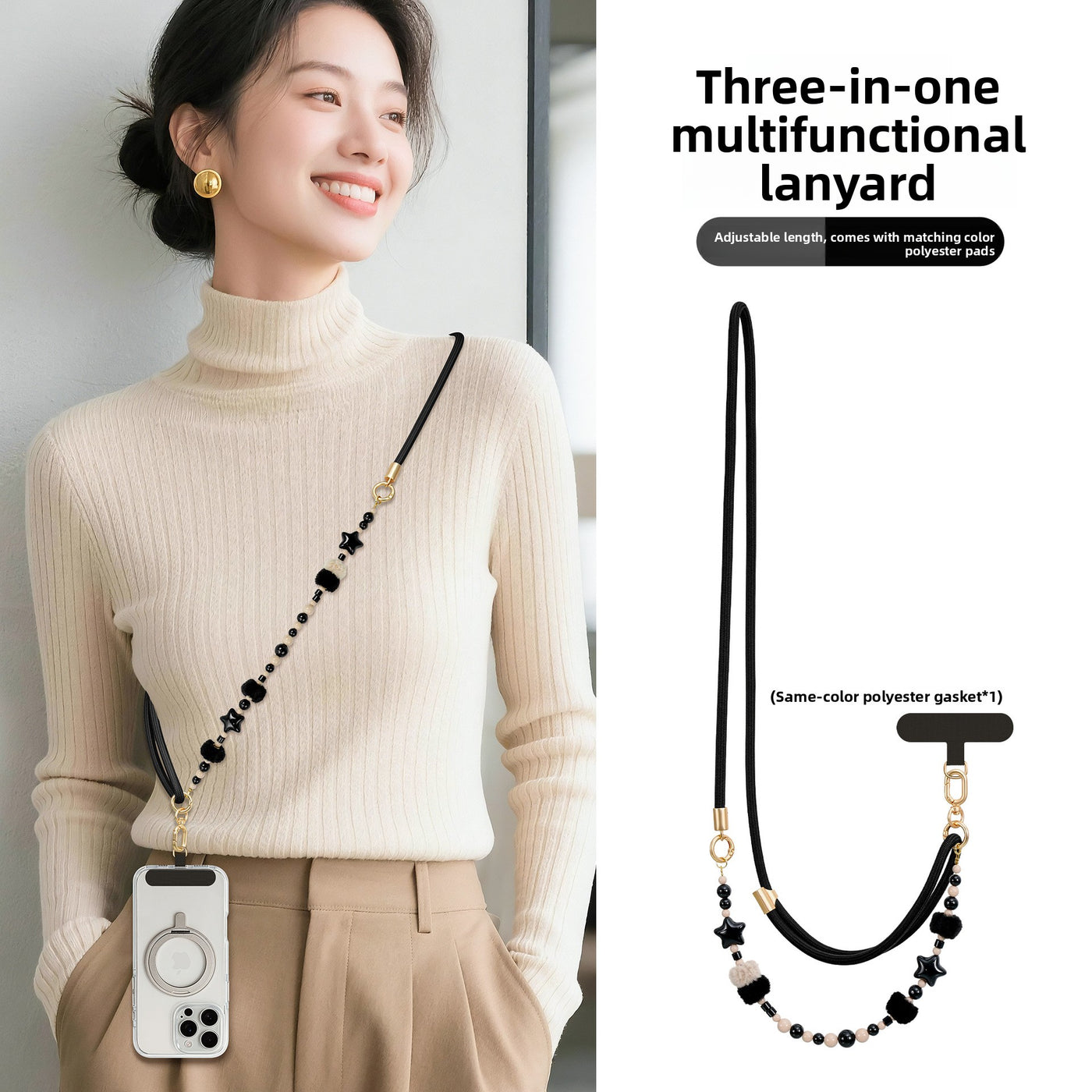 Furry Beaded Phone Strap Long Crossbody Neck Anti-Loss Chain