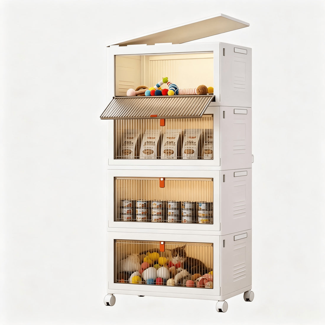 Four-tier storage bins holding pet toys, treats and canned food