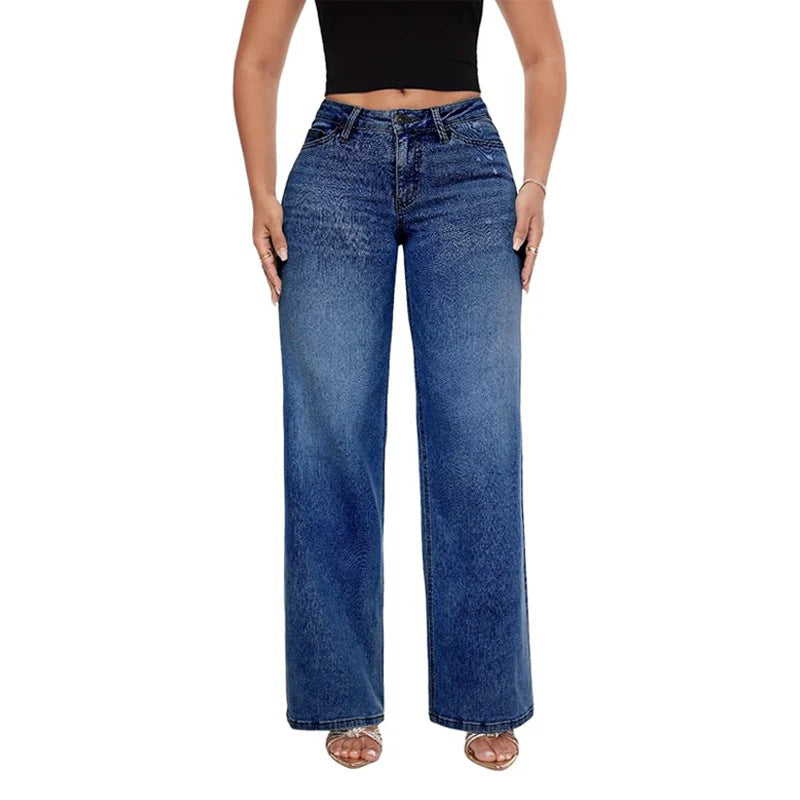 Women's High Elastic Butt-Lifting Mid-Waist Wide-Leg Denim Jeans