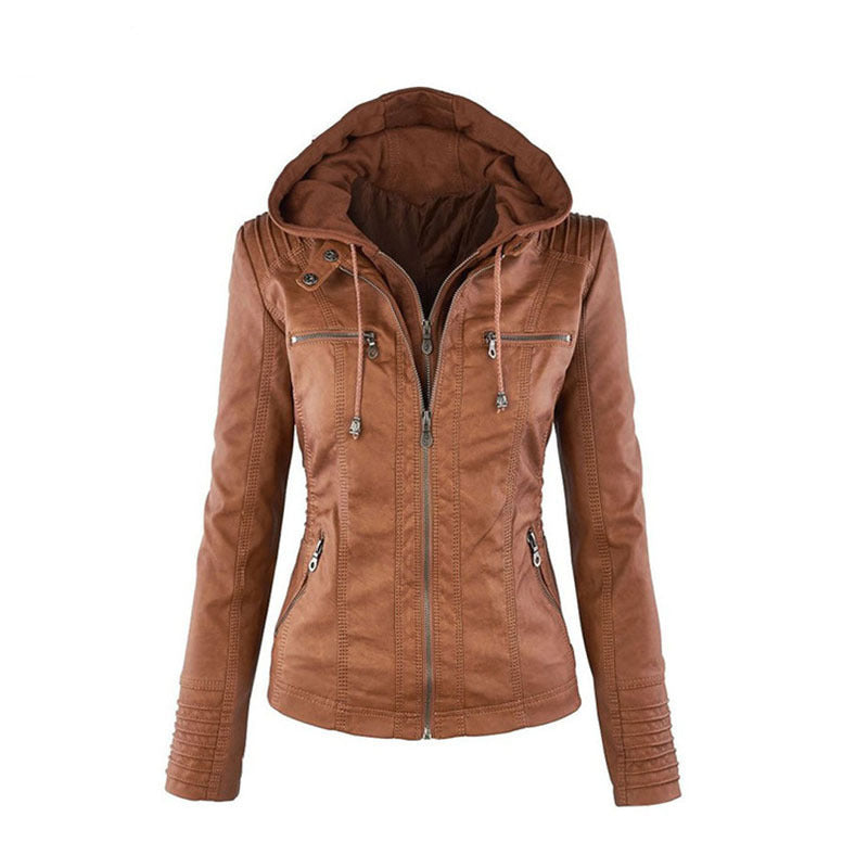Women's hooded washed faux leather biker jacket, photo 3
