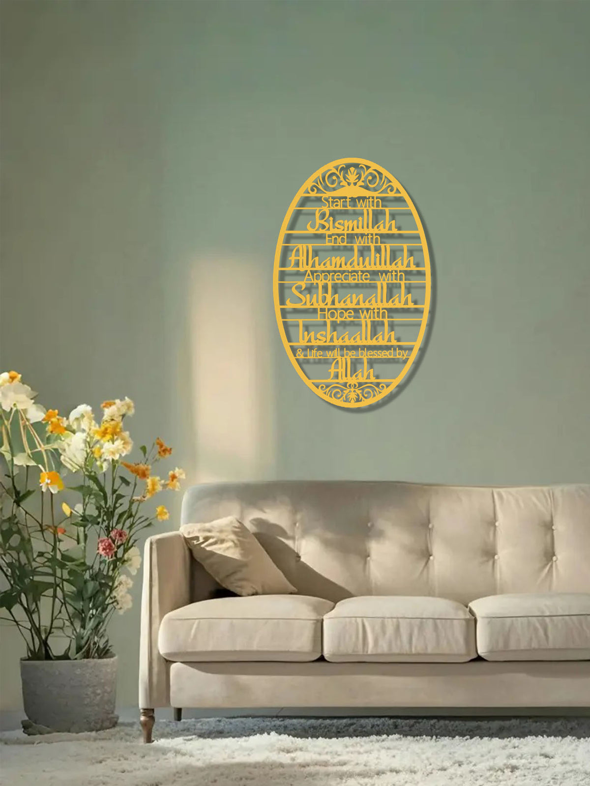 Modern metal wall sculpture in a bedroom setting