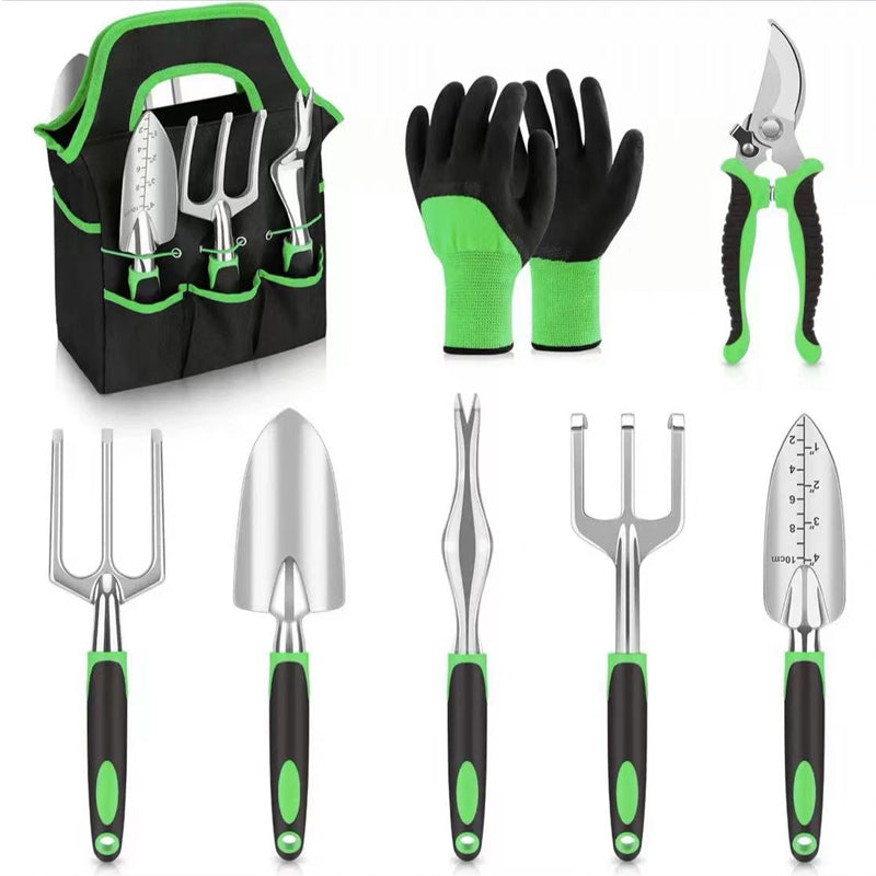 8-piece garden hand tool set with pruning shears, gloves and storage tote