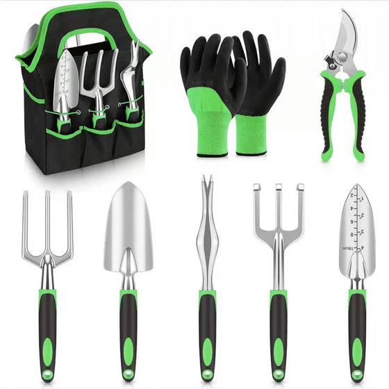 8-piece garden hand tool set with pruning shears, gloves and storage tote
