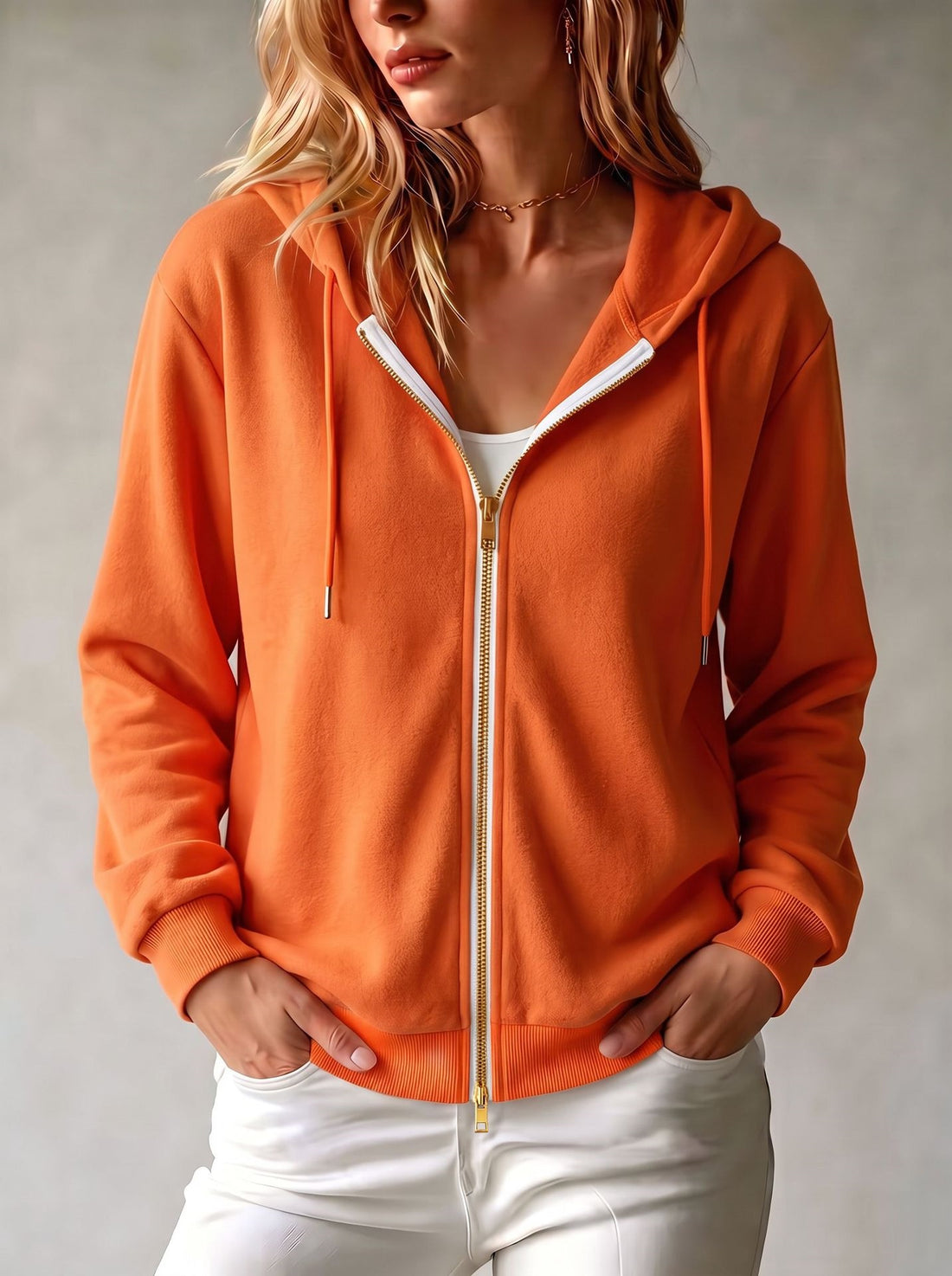 Women's Solid Color Hooded Zip-Up Cardigan Long Sleeve Loose Fit Sweatshirt