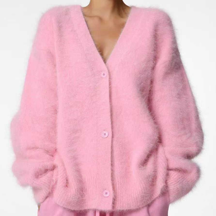 Women's Faux Fur Knit Cardigan V-Neck Long Sleeve Loose Fit Sweater