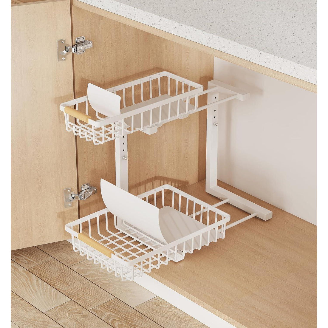 Under sink storage rack bottom tier close-up