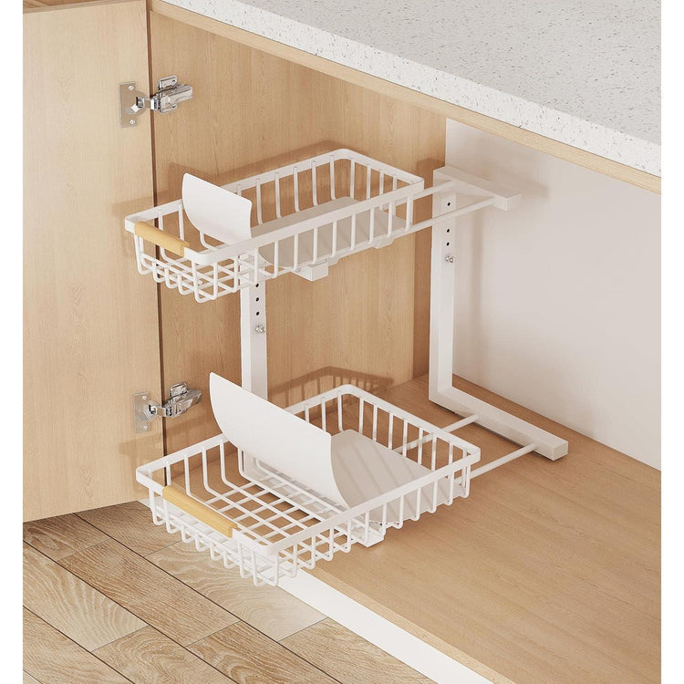 Under sink storage rack bottom tier close-up