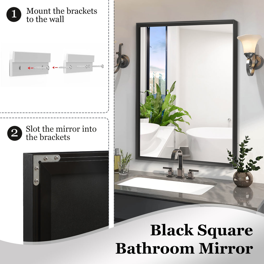 40x30 Inch Glossy Black Bathroom Wall Vanity Mirror