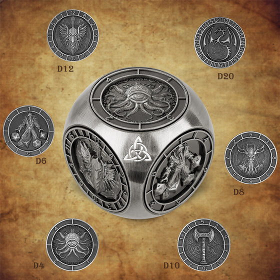 Dark silver dice wheel cube surrounded by its six rotating face discs