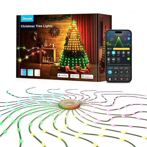 Smart RGBIC Christmas tree string lights with USB power, close-up of LED beads