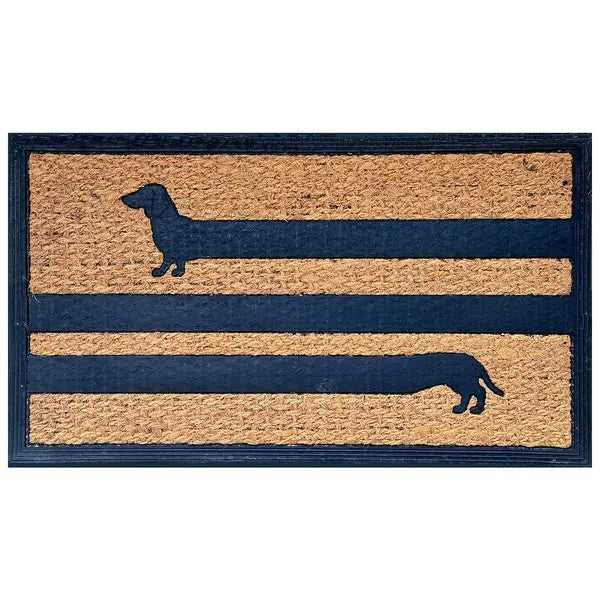 Coir doormat with dark stripes and long dachshund dog silhouettes