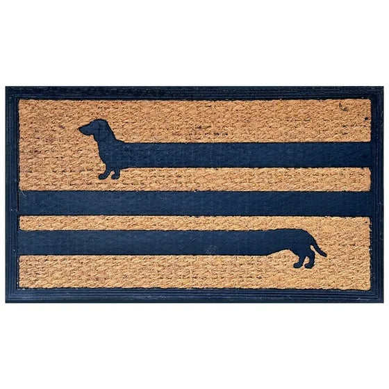 Coir doormat with dark stripes and long dachshund dog silhouettes