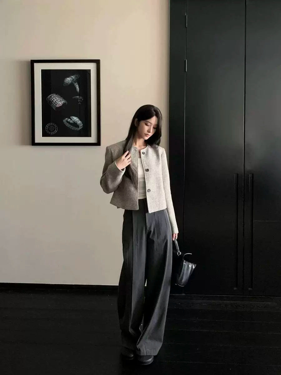 Women's Short Tweed Jacket Round Neck Long Sleeve Coat