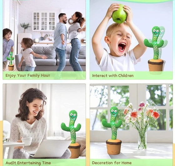 Talking cactus toy collage: family fun, kids playing and home decoration uses