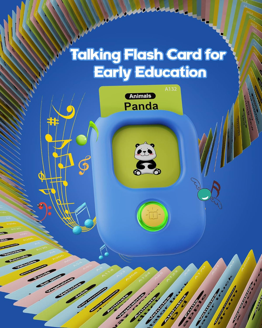 Blue talking flash card reader with a panda card surrounded by colorful word cards