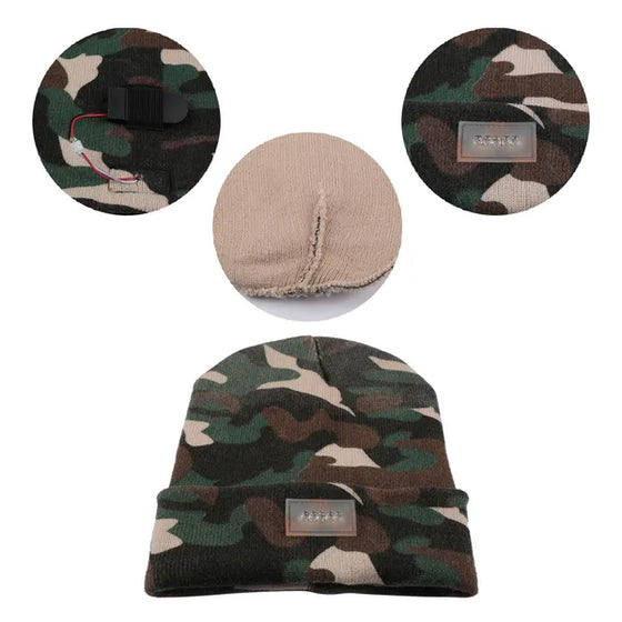 Camouflage LED beanie with removable light and inside lining views