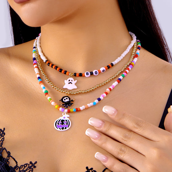 Halloween Beaded Ghost Pumpkin Pendant Necklace