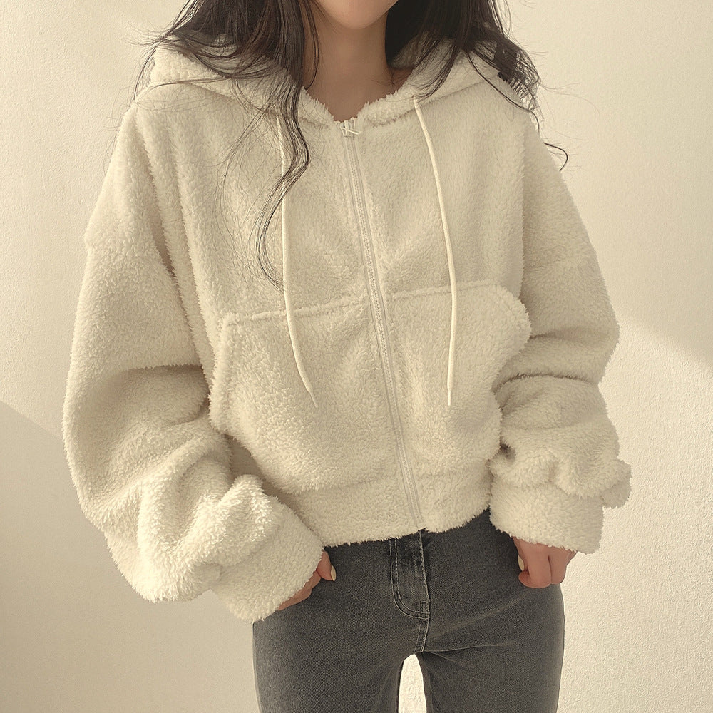 Women's Faux Lamb Fur Hooded Zip-Up Jacket