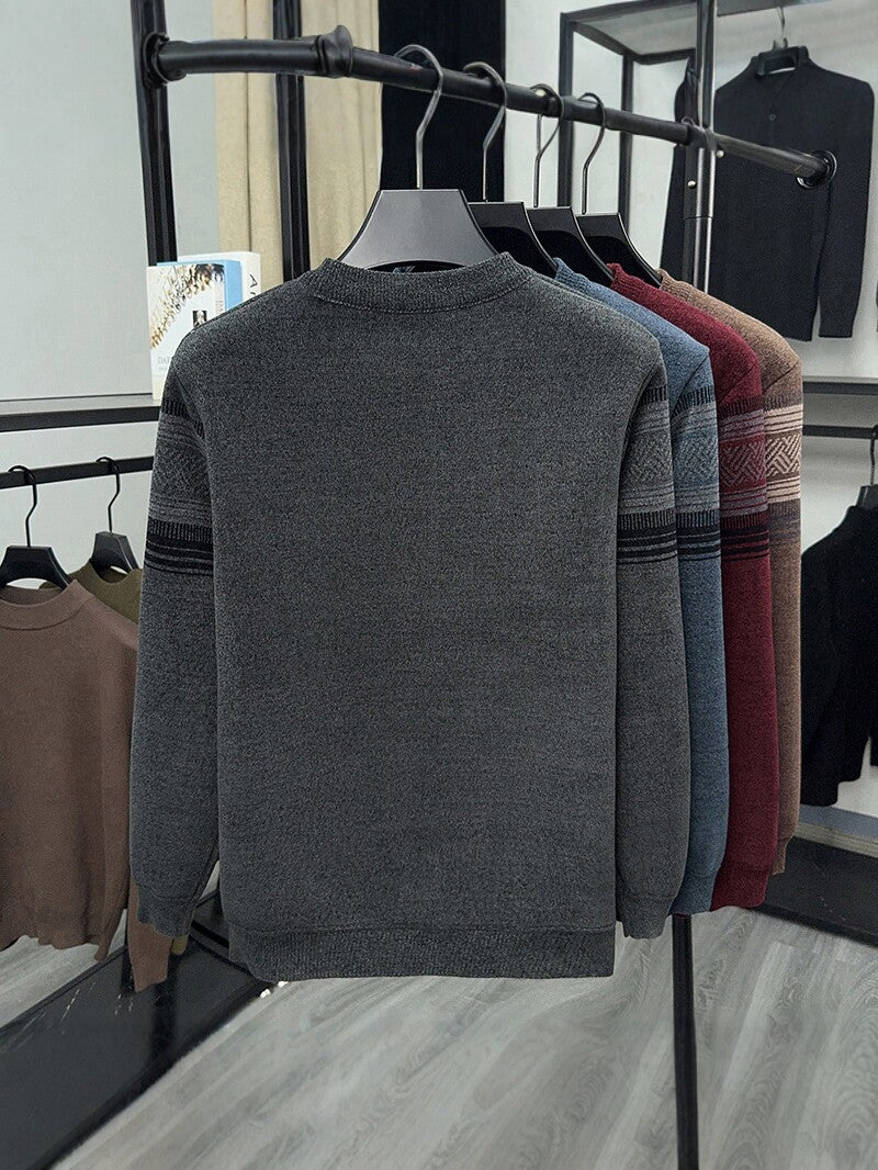 Men's Fleece Lined Striped Knit Sweater Crew Neck Long Sleeve Warm Pullover
