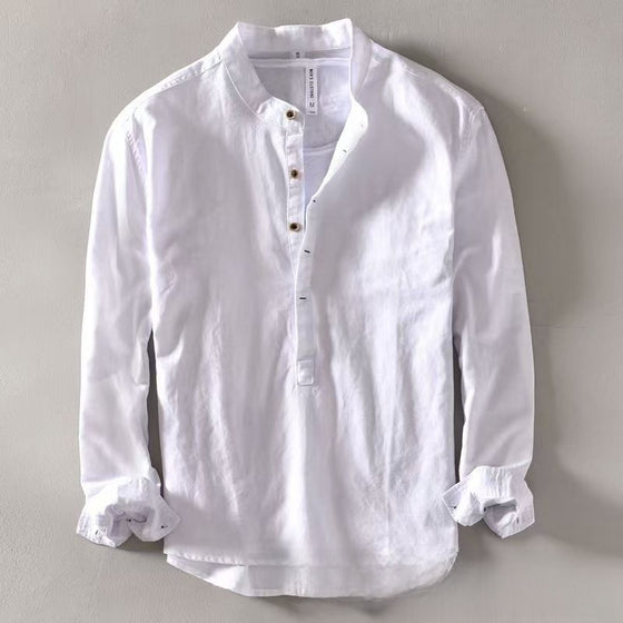 Men's Cotton Linen Stand-Up Collar Long-Sleeve Pullover Shirt Solid Casual Retro Top