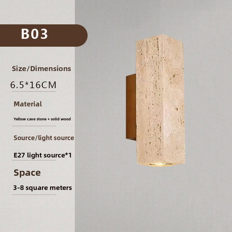 Wabi-Sabi Style Cave Stone Wall Lamp Wooden Body LED Warm Light Fixture for Hotel Bedroom Restaurant