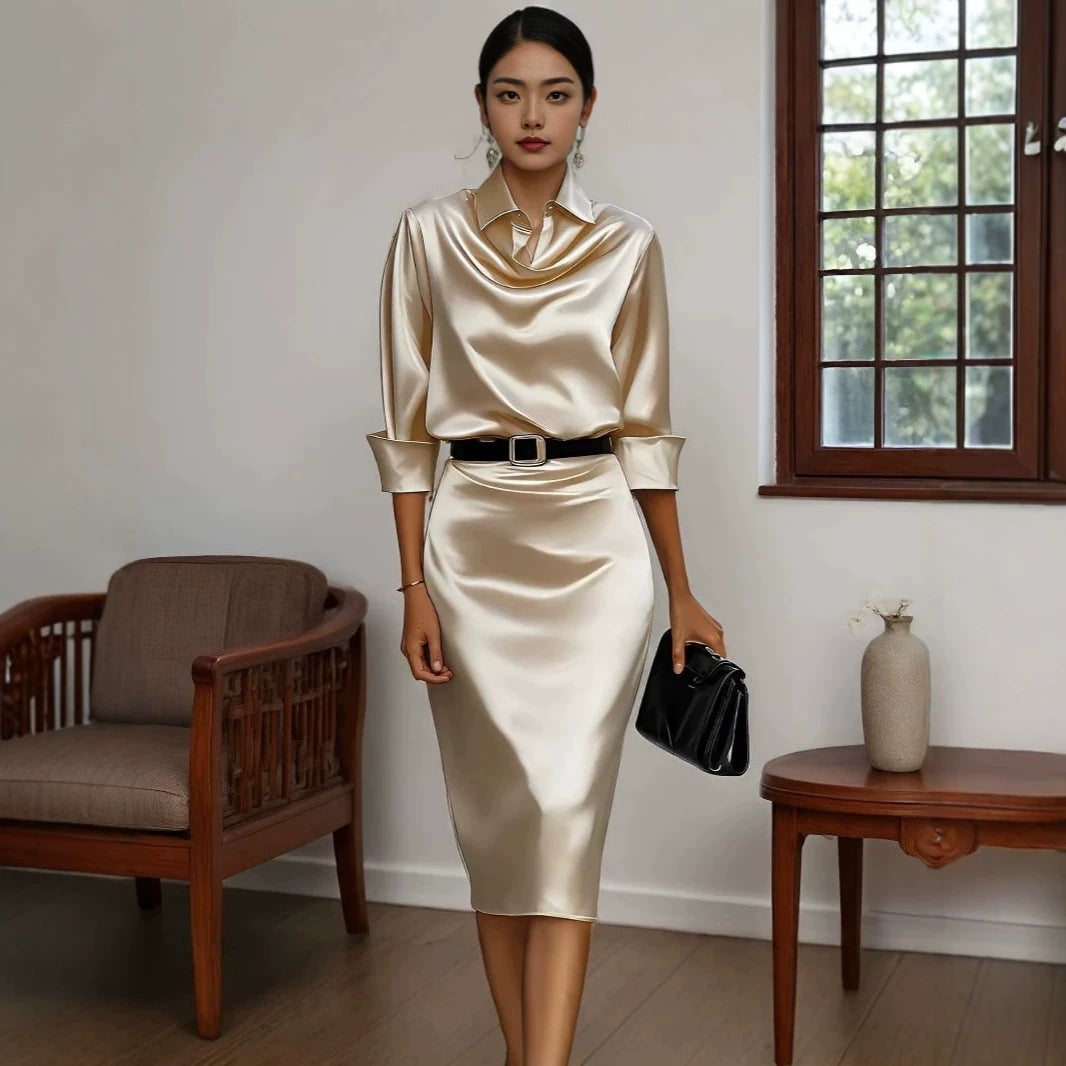 Women's Acetate Satin Long Sleeve Midi Dress with Shirt Collar, image 7 of 35